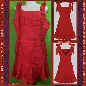 NWOT RED DRESS SHOULDER TIES RUFFLE HEM 100% COTTON